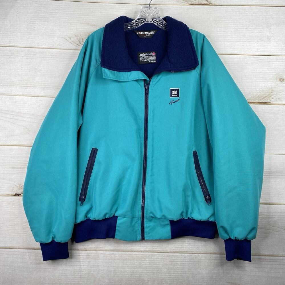 VTG Sportsmaster Jacket Mens XL Turquoise GM Proud General Motors Polarfleece